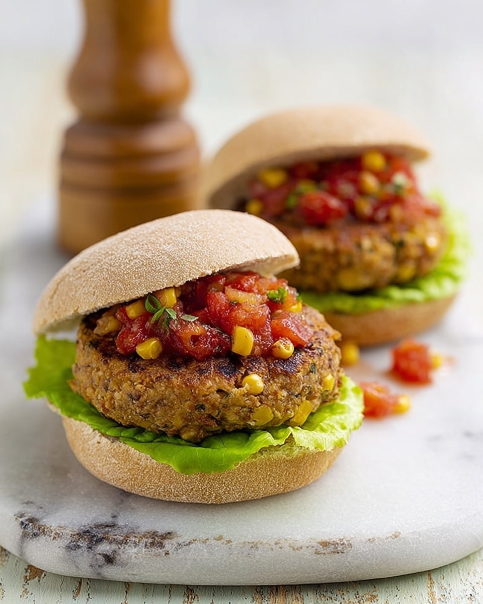 The image shows two sandwiches on a white marbled surface, each made with a whole grain bun. The bottom bun holds a green leaf of lettuce, topped with a thick veggie patty that has visible bits of corn mixed inside. On top of the patty is a heap of bright red diced tomatoes. The top bun is slightly lifted or tilted back on each sandwich. A pepper grinder is visible in the background. photo taken with an iphone --ar 4:5 --v 7