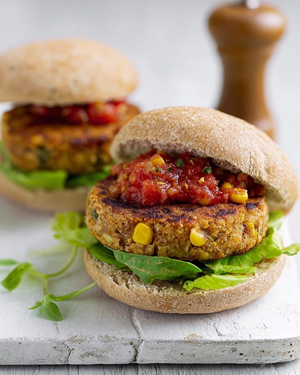 Two veggie burgers are placed on a white cutting board over a white marbled surface. Each burger has a base layer of green lettuce, followed by a thick, browned patty with visible pieces of corn and vegetables. On top of each patty is a chunky tomato salsa made of small red tomato pieces. The burgers are held together with whole wheat buns, with the top bun slightly askew on the front burger showing the layers clearly. In the back, a wooden pepper grinder is slightly blurred. Photo taken with an iphone --ar 4:5 --v 7