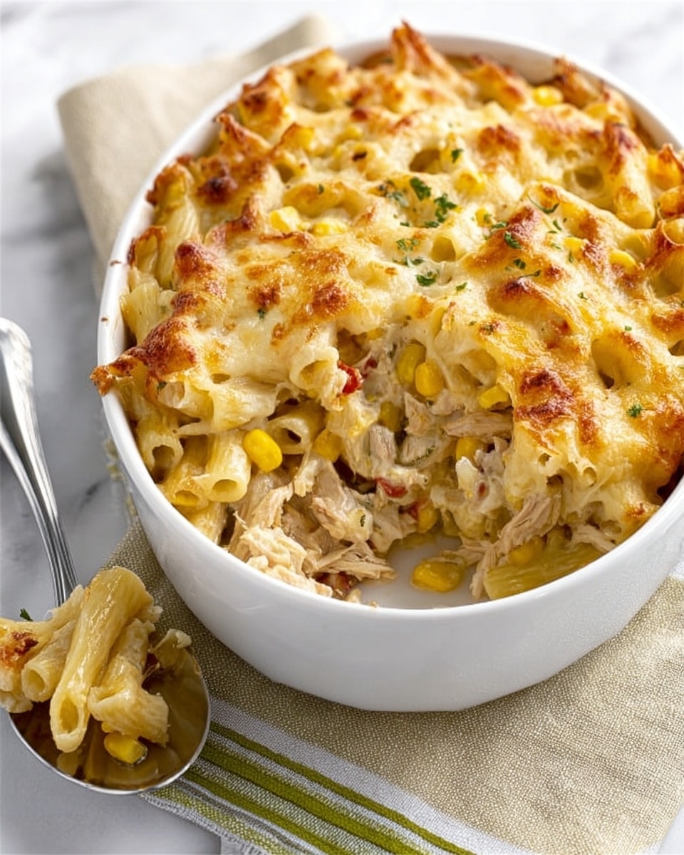 A white oval baking dish filled with a baked pasta casserole, showing two layers of rigatoni pasta mixed with pieces of shredded chicken and yellow corn kernels. The top layer is covered with browned melted cheese that has a golden, bubbly texture with some crispy edges. The dish rests on a white marbled surface with a striped cloth napkin underneath. A silver serving spoon with a portion of the pasta on it is placed beside the baking dish. photo taken with an iphone --ar 4:5 --v 7