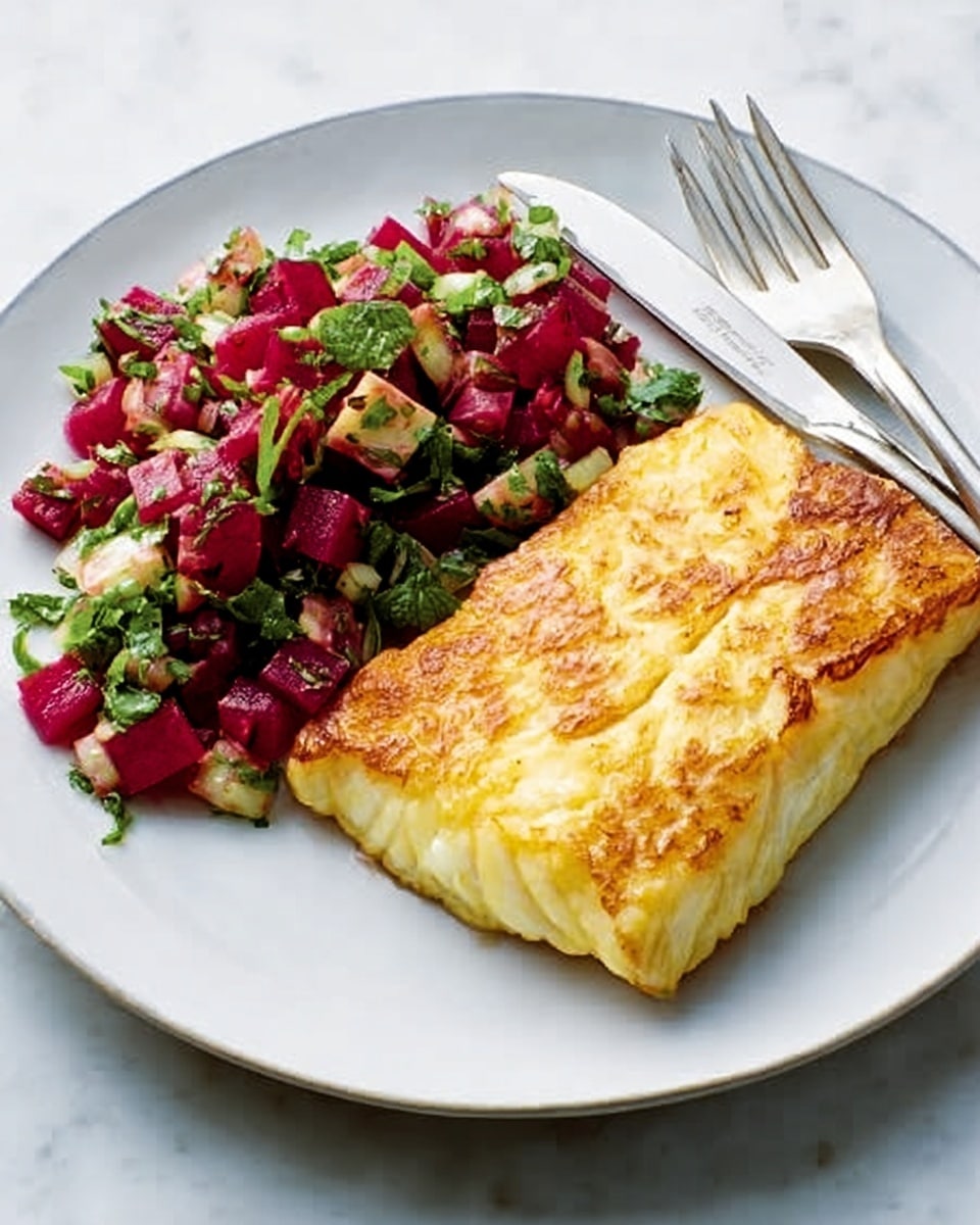 A white plate on a white marbled surface holds a golden-brown cooked fish fillet on the right side. The fish has a crispy, slightly shiny texture with clear grill marks. On the left side of the plate is a colorful beet salad made of small red beet cubes mixed with chopped green herbs and finely chopped vegetables, adding a fresh and vibrant look. A fork and knife rest at the top right of the plate. Photo taken with an iphone --ar 4:5 --v 7
