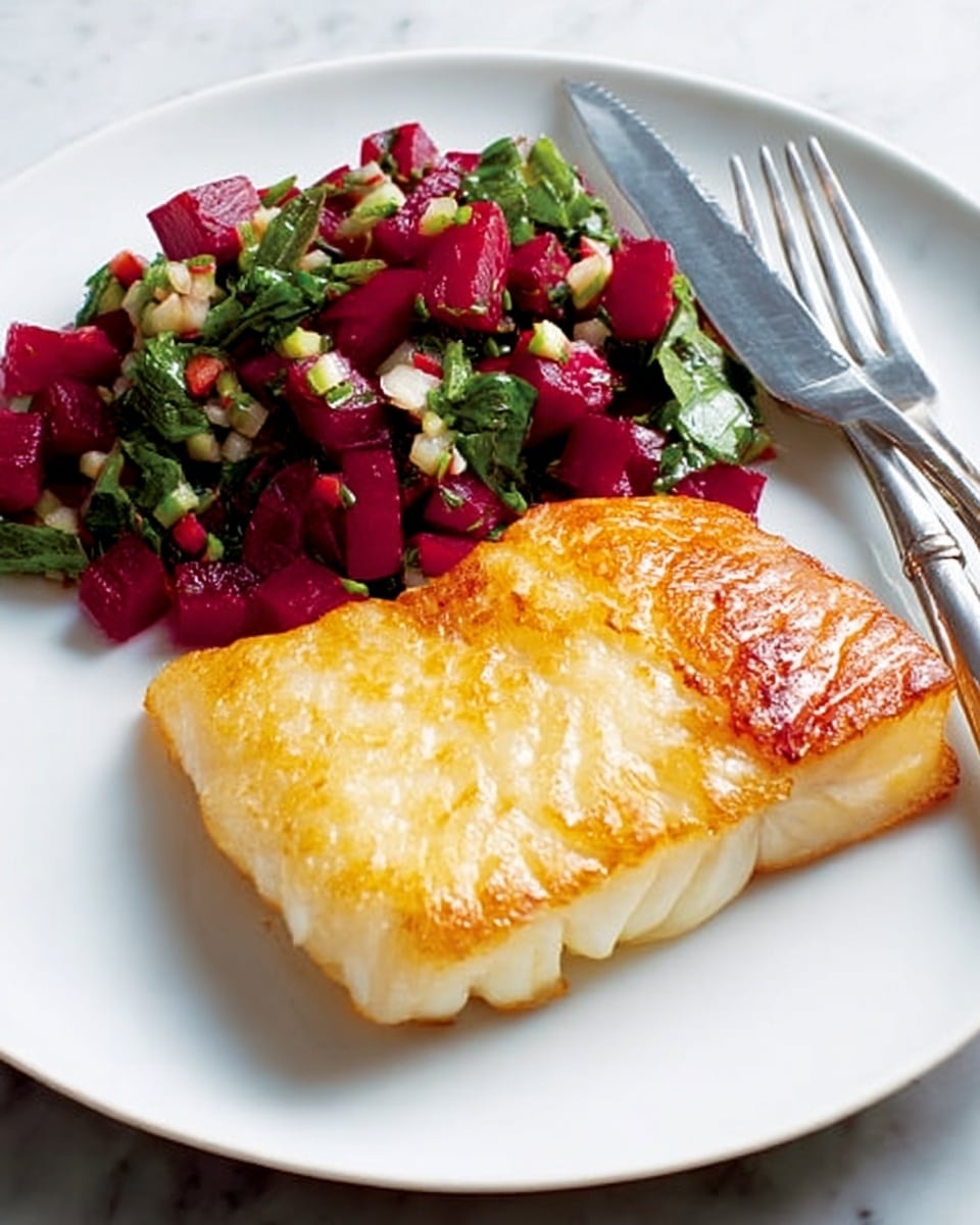The image shows a white plate on a white marbled surface with a golden-brown fried fish fillet placed on the right side. The fish has a crispy texture with slight browning on the edges and a soft, flaky inside. On the left side of the plate, there is a colorful salad made of small red beet cubes mixed with finely chopped green herbs and bits of white and pink vegetables, providing a fresh and vibrant contrast to the fish. A silver fork and knife rest parallel at the top edge of the plate. Photo taken with an iphone --ar 4:5 --v 7
