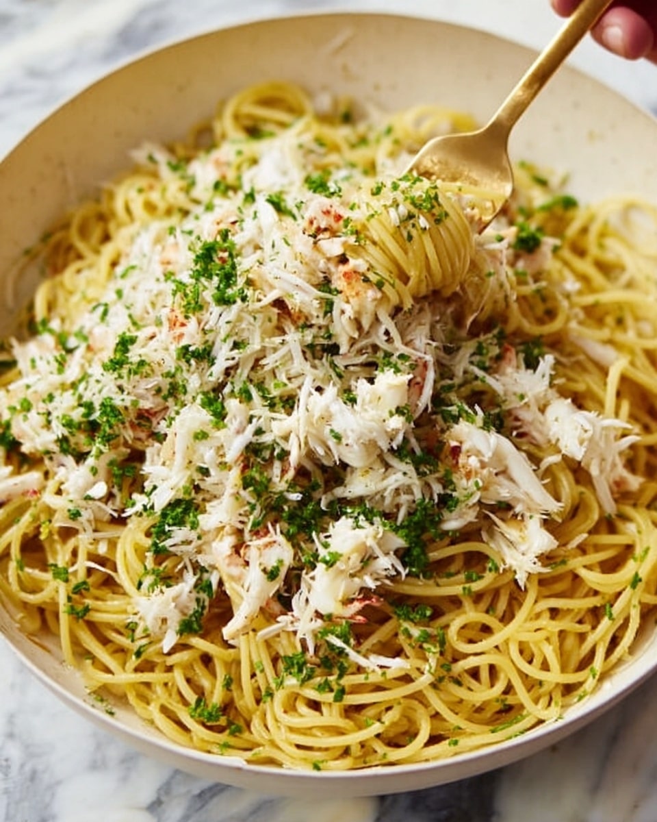 A close-up image of a white bowl filled with spaghetti pasta, layered with a generous amount of shredded white crab meat scattered on top. There is a light sprinkling of finely chopped green herbs, like parsley, adding contrast and freshness to the dish. The spaghetti appears slightly oily or buttery, giving it a glossy texture. Two woman's hands with long spears of pasta are lifting some of the noodles from the bowl. The bowl sits on a white marbled surface. Photo taken with an iphone --ar 4:5 --v 7