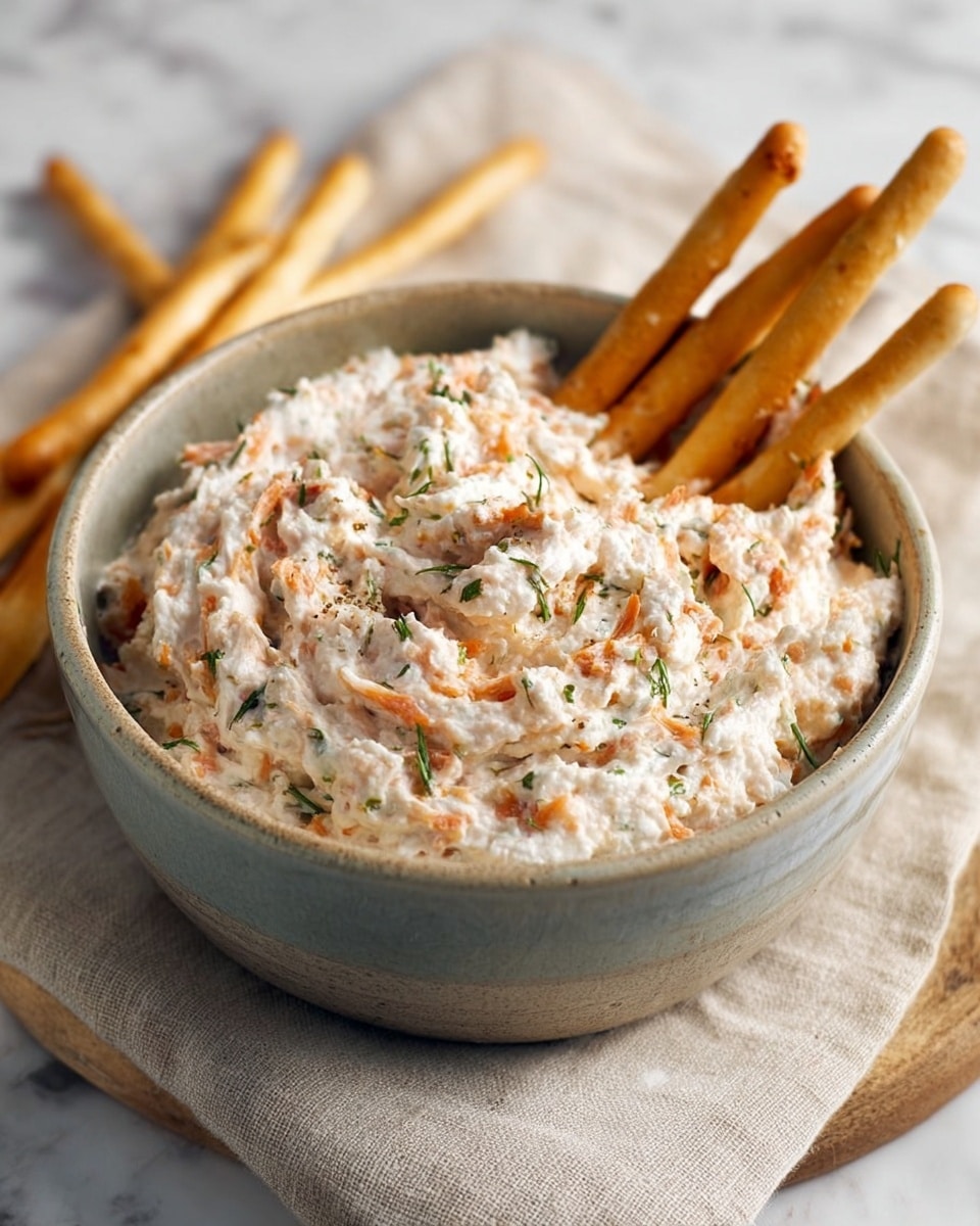 A thick, creamy dip with a mix of white and light orange colors, showing small green herb bits scattered throughout, is placed inside a smooth, round white bowl. Around the bowl, several thin, light brown breadsticks lean against its side, and the bowl sits on a soft white marbled surface with a few light shadows that add depth to the image. Photo taken with an iphone --ar 4:5 --v 7