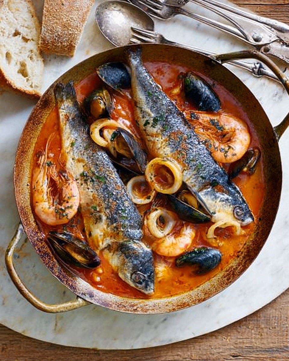 A round white pan filled with a seafood stew featuring two whole grey fish placed side by side on top, surrounded by several black mussels, orange shrimp, and curled rings of pale yellow squid. The stew has a rich orange-red broth that fills the bottom layer and partially covers the seafood. The pan is set on a wooden surface next to a white plate with green designs, a piece of torn light brown bread, and a cluster of silver forks and knives. The background is changed to a white marbled texture. photo taken with an iphone --ar 4:5 --v 7