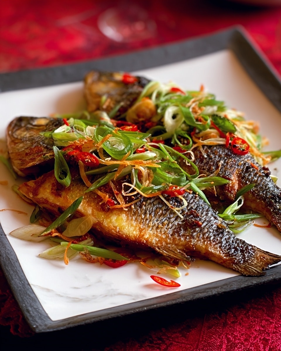 A dish featuring two pieces of grilled fish with golden brown, crispy skin placed on a white square plate. The fish is topped with thinly sliced green and white scallions and bright red slivers of chili peppers scattered over the top. The plate rests on a table with a white marbled texture visible in the background. The colors are warm and vibrant with the fish’s skin showing a mix of golden, brown, and darker tones, while the toppings add freshness and brightness. Photo taken with an iphone --ar 4:5 --v 7