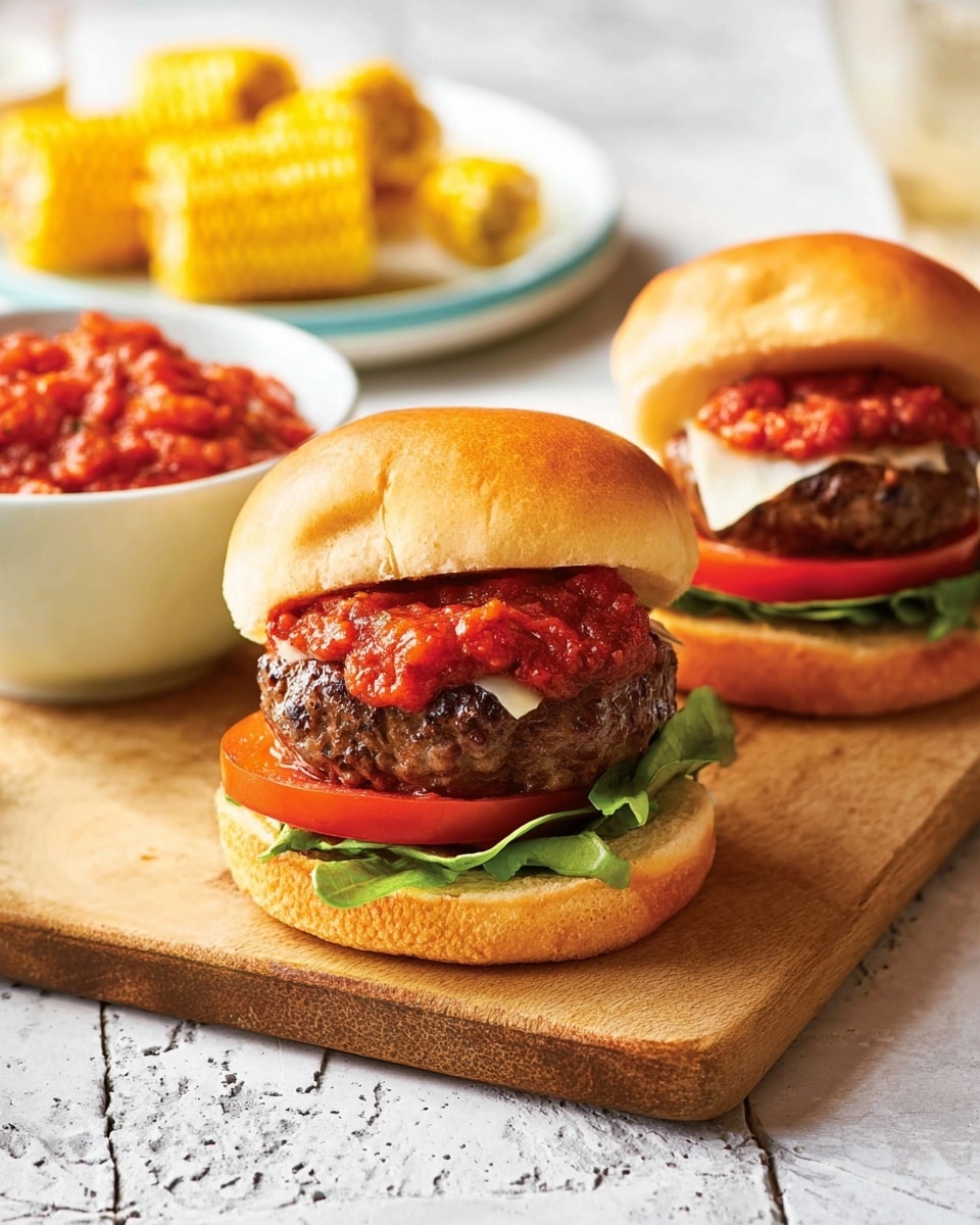 Two burgers with soft, golden brown buns sit on a light wooden board over a white marbled surface. Each burger has a green leafy lettuce base, a thick slice of red tomato, a juicy grilled beef patty, and a bright red chunky salsa topping under the top bun. In the background, there is a white bowl with chunky salsa and a white plate with grilled corn pieces. The lighting highlights the textures of the buns, lettuce, and salsa. Photo taken with an iphone --ar 4:5 --v 7