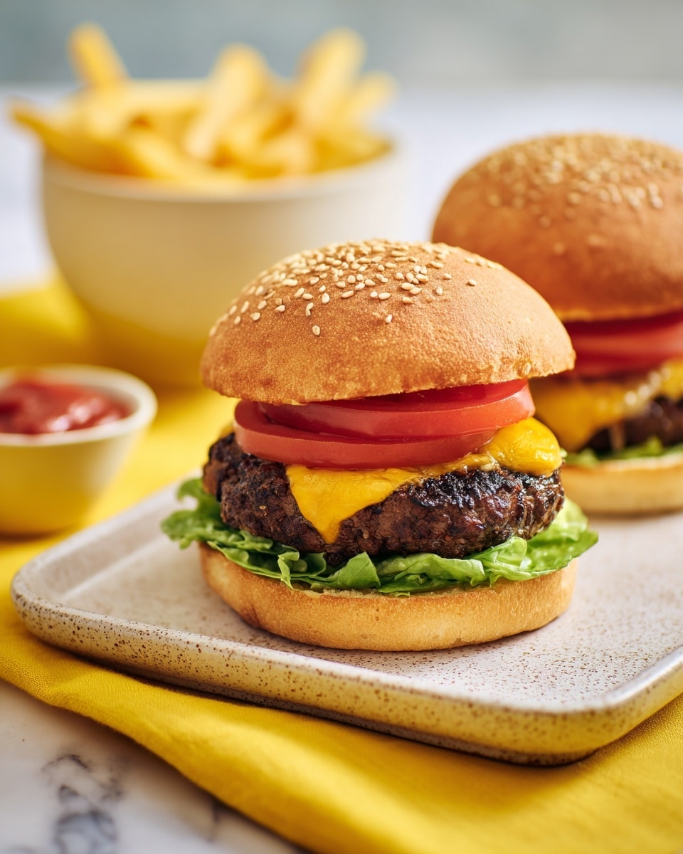 A close-up view of two cheeseburgers on a speckled rectangular plate, each burger made with a soft sesame seed bun, a thick dark brown grilled beef patty with melted yellow cheese, fresh green lettuce, slices of red tomato, and a base layer of red ketchup on the bottom bun. In the background, there is a white bowl filled with golden French fries, set on a white marbled surface, with a yellow cloth partially visible at the front. The image has a warm yellow backdrop and soft lighting. photo taken with an iphone --ar 4:5 --v 7