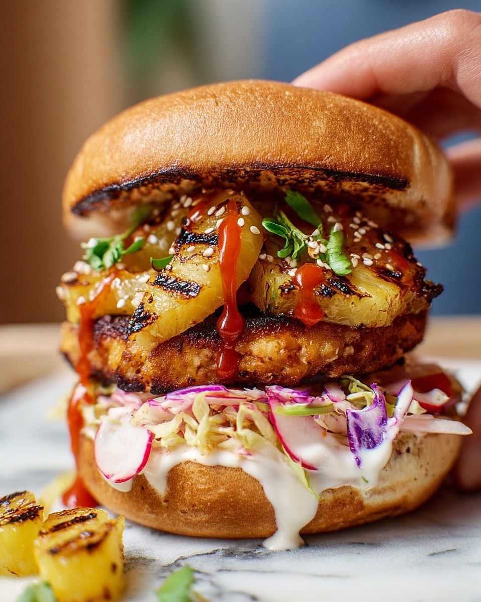 A close-up of a sandwich held by woman's hand lifting the top bun, showing four layers inside: the bottom layer is a toasted sandwich bun with a light brown crust, topped by a creamy white sauce with slices of radish and thin purple cabbage, creating a colorful, fresh topping; above this is a golden brown fried patty, crispy and thick, covered in sesame seeds; on top of the patty are grilled pineapple chunks with char marks, bright yellow with green herbs scattered on them; the sandwich is finished with a shiny toasted top bun held above the filling. The background is a white marbled texture. photo taken with an iphone --ar 4:5 --v 7