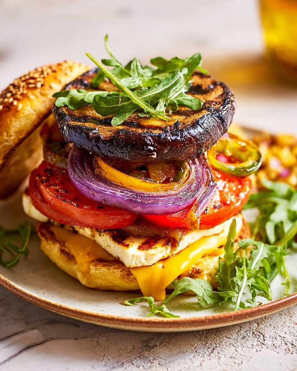 A grilled burger with five visible layers sits on a white plate with a marbled white background. The bottom layer is a soft, golden hamburger bun with a slight shine. Above it is a layer of melted yellow cheese with a smooth texture. Next is a grilled halloumi slice, white with golden brown grill marks. On top of that are thick, grilled red onion rings that look tender and slightly charred. Above the onions, there are bright red slices of roasted red pepper. The top layer is a large, juicy grilled portobello mushroom cap with a dark, shiny caramelized texture, garnished with fresh green arugula leaves. The sesame seed bun top rests nearby on the plate with a few arugula sprigs on the side. photo taken with an iphone --ar 4:5 --v 7
