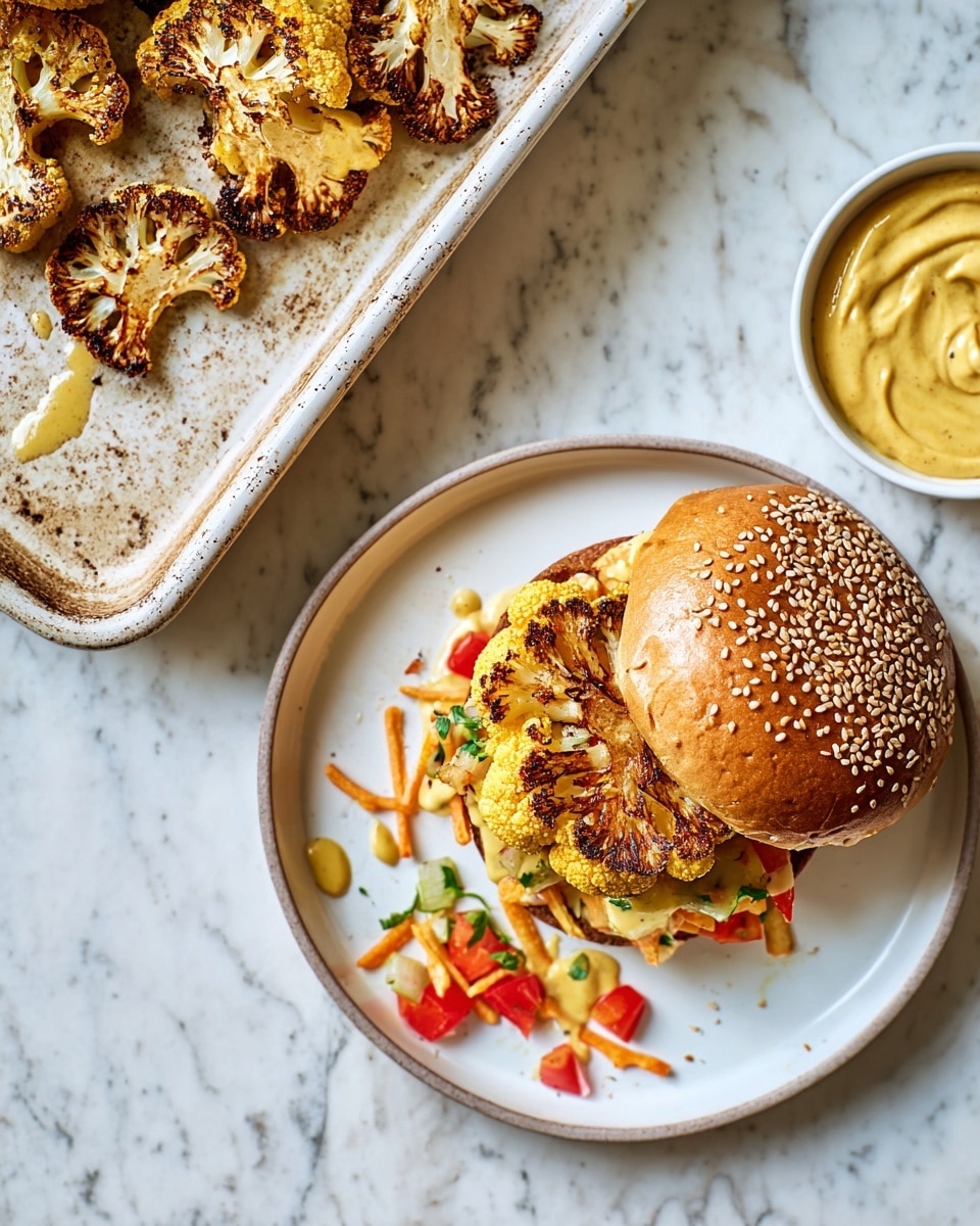 A white plate holds a sandwich with a sesame seed bun on top and a thick, golden roasted cauliflower steak beneath it, which is lightly charred and seasoned. The cauliflower is topped with small pieces of red tomato, green herbs, peanuts, and orange crunchy sev scattered around for texture. To the right of the sandwich on the same plate is a small white bowl filled with smooth, creamy yellow mustard sauce. To the left side of the frame, there is a white baking tray with more golden, roasted cauliflower steaks sitting on a white marbled textured surface. photo taken with an iphone --ar 4:5 --v 7