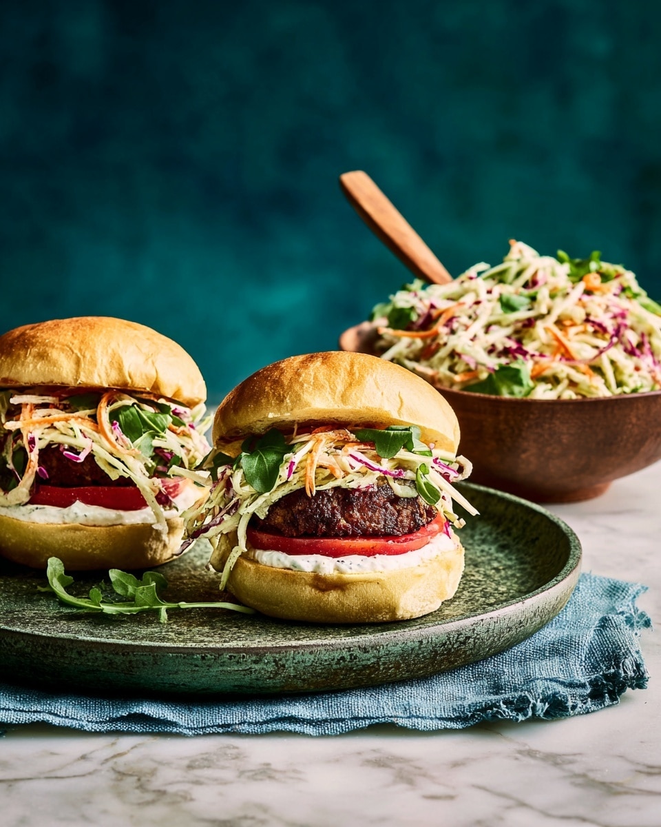 Two burgers sit open-faced on a round dark green stone board over a blue cloth. Each burger has a white toasted bun bottom with a layer of white sauce, followed by a thick red burger patty, then a slice of red tomato, topped with a light cream and green slaw mixed with greens and thin white and purple onion slices, finished with a small bunch of fresh green arugula leaves. The buns’ tops lean open to the side, showing the inside texture. To the right, there is a brown bowl filled with the same slaw, with a wooden spoon inside, all placed against a dark teal background on a white marbled surface. photo taken with an iphone --ar 4:5 --v 7