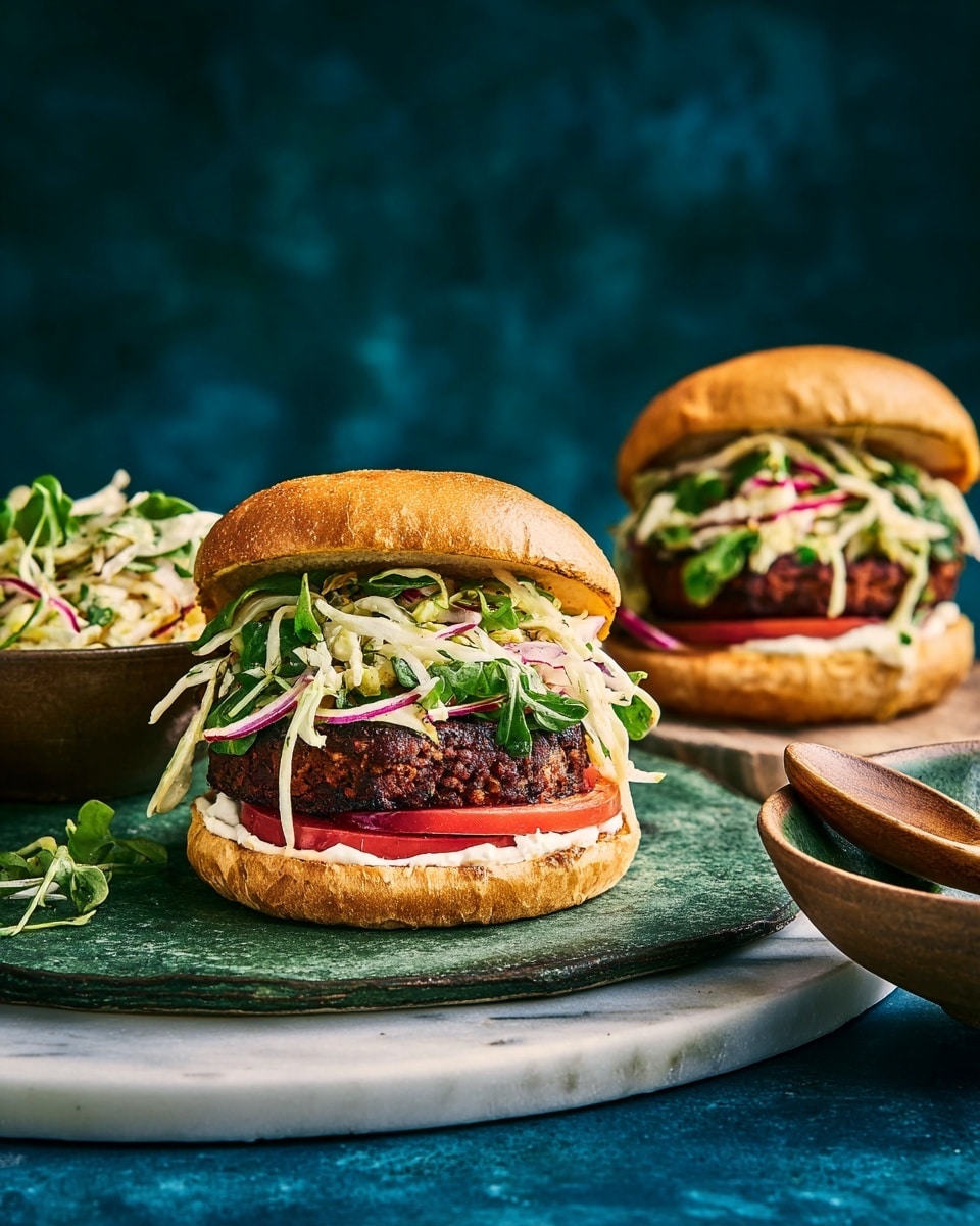 Two burgers sit open-faced on a round dark green stone board placed on a blue cloth. Each burger has a white bun with a golden toasted inside top piece resting slightly tilted behind the bottom. The bottom bun has a layer of white sauce, a bright red tomato slice, a thick dark red burger patty, and a creamy slaw made of shredded pale yellow cabbage, thin carrot slices, purple onion strips, and green herbs on top. Some green leaves garnish the slaw, adding a fresh touch. To the right, a brown bowl filled with the same creamy slaw sits with a wooden spoon inside. The background is a deep teal, and the overall setting is warm and cozy. photo taken with an iphone --ar 4:5 --v 7