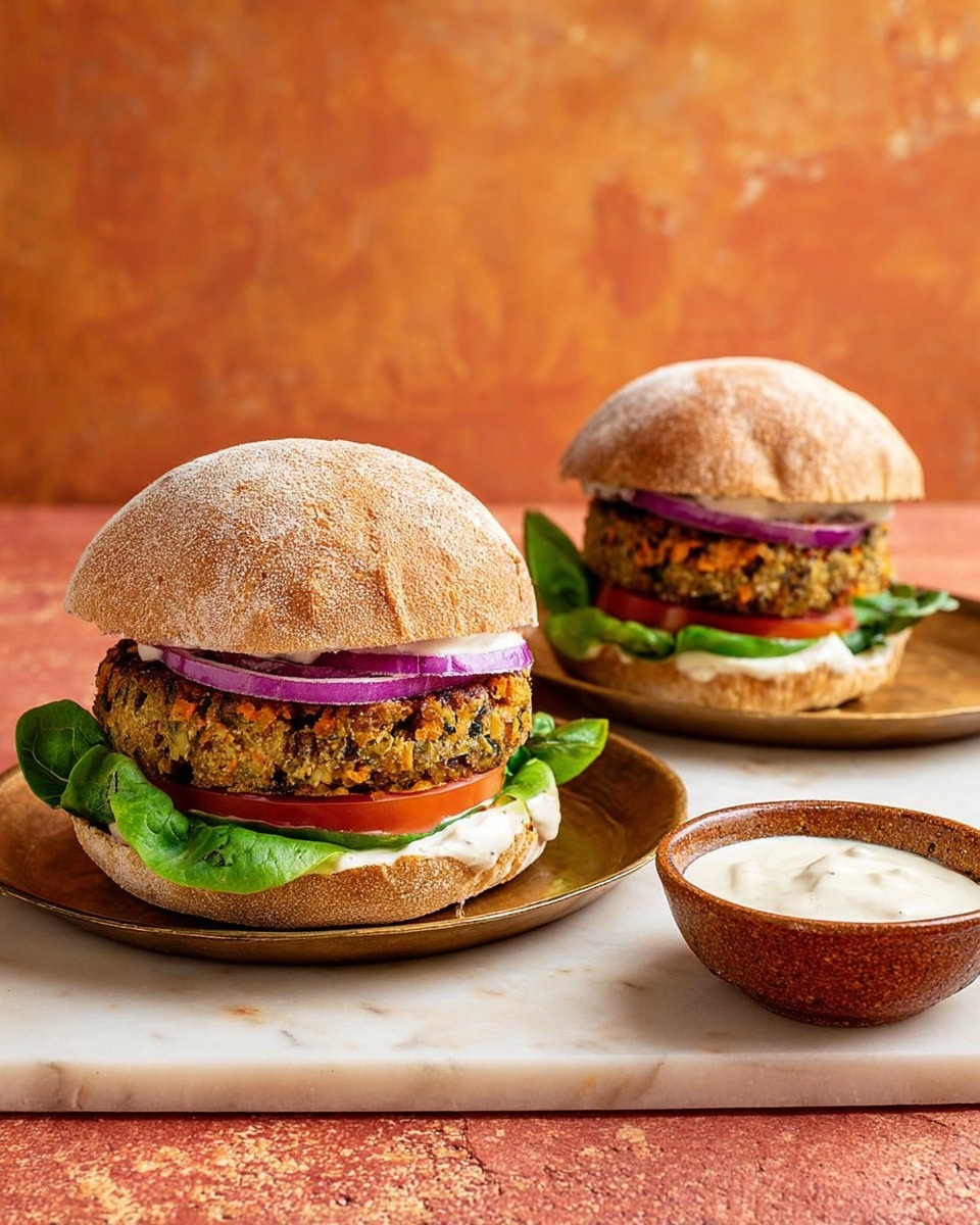 Two sandwiches are placed on round white plates with a detailed pattern, sitting on a white marbled surface. Each sandwich has a toasted whole grain bun with a rough texture and a dusting of flour on top. The top layer of the sandwich includes thinly sliced purple onion rings, beneath which are green leafy lettuce leaves. Below the lettuce is a thick, textured burger patty with herbs and spices visible. Under the patty is a thick slice of red tomato resting on a layer of smooth white mayonnaise spread over the bottom bun. To the right, a small round wooden bowl contains extra white mayonnaise. The background features a warm reddish-brown tone. photo taken with an iphone --ar 4:5 --v 7