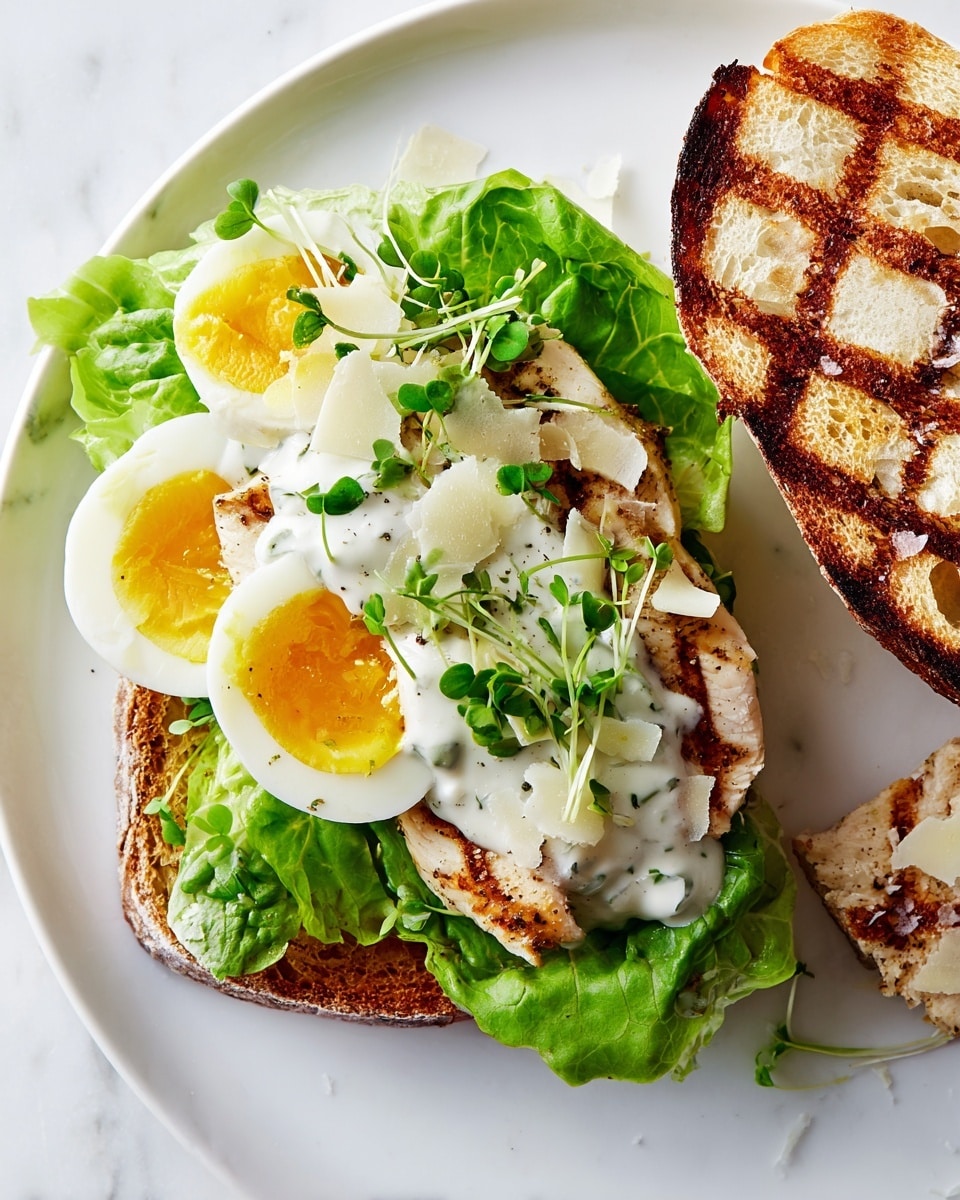 On a white plate with a white marbled texture background, there is an open sandwich showing one slice of grilled bread with dark brown char lines on the right side; on the left side layered from bottom to top are green leafy lettuce, two halves of a hard-boiled egg with yellow yolks and white edges, a grilled chicken breast with light golden brown grill marks, topped with creamy white sauce, small green sprigs, and thin shavings of pale cheese; a few additional cheese shavings and green sprigs lie scattered on the plate. photo taken with an iphone --ar 4:5 --v 7