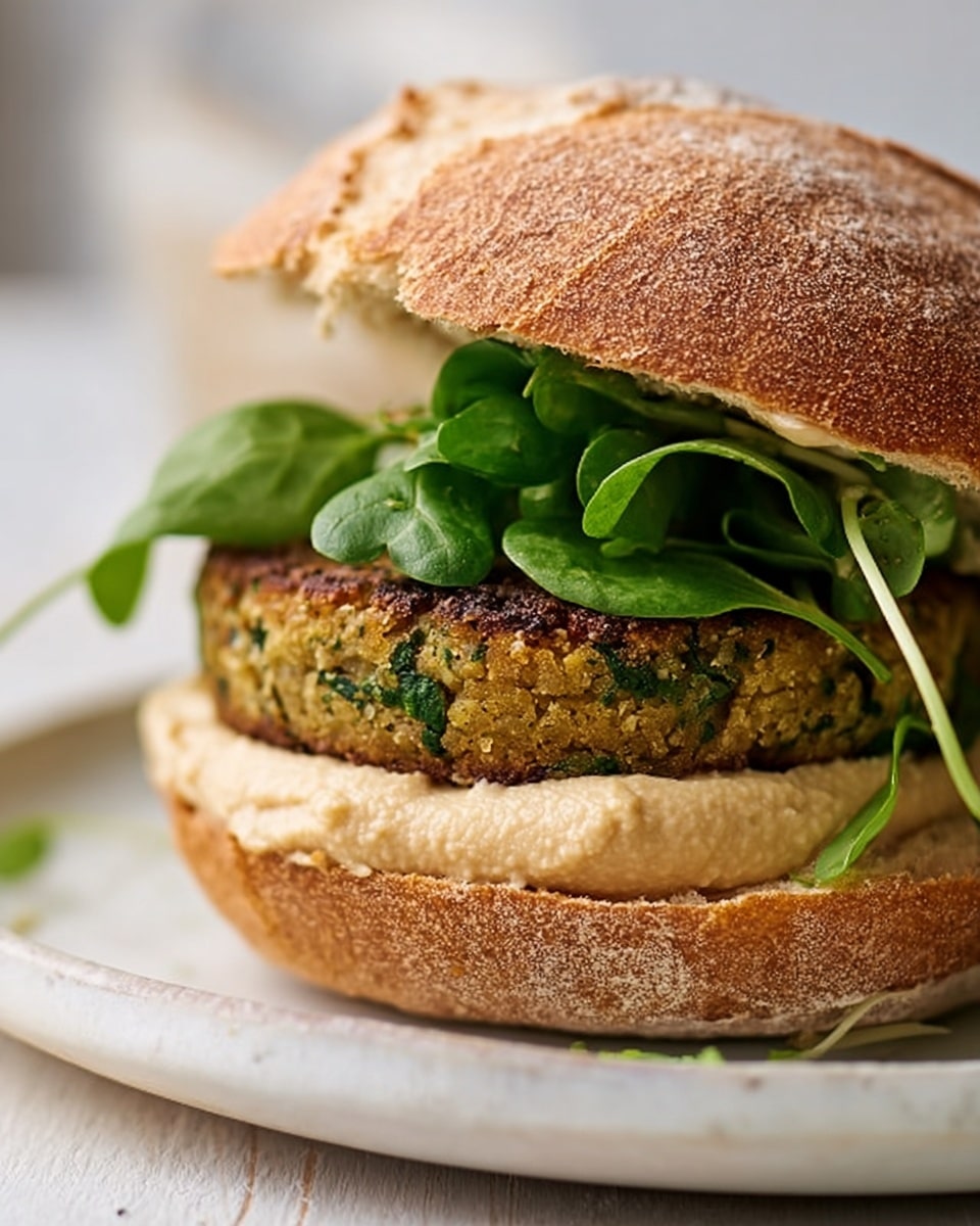 A close-up view of a sandwich placed on a white plate with a white marbled surface in the background. The sandwich has three visible layers: the bottom layer is a thick, soft round bread bun with a light golden crust, the middle layer is a thick, greenish-brown veggie patty with a crispy texture, and the top layer is a fresh bunch of green leafy watercress. There is a spread of smooth beige hummus between the bread and the patty. The top half of the bun is slightly tilted to reveal the layers inside the sandwich. Photo taken with an iphone --ar 4:5 --v 7