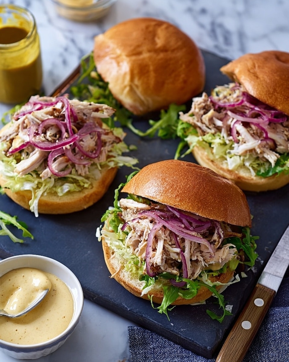 This image shows three pulled pork sandwiches on white round buns with a smooth brown top. Each sandwich has a bottom bun layer spread with a light sauce, topped with fresh green curly lettuce leaves, then a generous layer of pulled pork with a shredded texture, and finished with a heap of bright purple pickled onions on top. One sandwich’s top bun is placed to the side, showing the sauce spread inside. There is a white bowl with a creamy mustard sauce near the front, a mustard jar in the back, and a knife with some spread resting on the right side. The background is a white marbled surface with a partially visible white plate and a pale blue cloth napkin to the left. Woman’s hand is just out of frame near the top right edge. Photo taken with an iphone --ar 4:5 --v 7