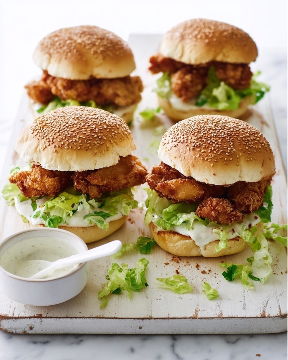 Four sandwiches sit on a worn white wooden board set on a white marbled texture. Each sandwich has a sprinkled sesame seed soft white bun on top. Inside, the first layer is bright green leafy lettuce, followed by a creamy light sauce visible beneath the lettuce. The main filling is crispy fried golden-brown chicken pieces that look crunchy and thick. On the left side of the board is a small white bowl filled with a white creamy sauce, with a white spoon resting inside it. The bundle of sandwiches looks fresh and inviting, with some small bits of lettuce scattered around. Photo taken with an iphone --ar 4:5 --v 7