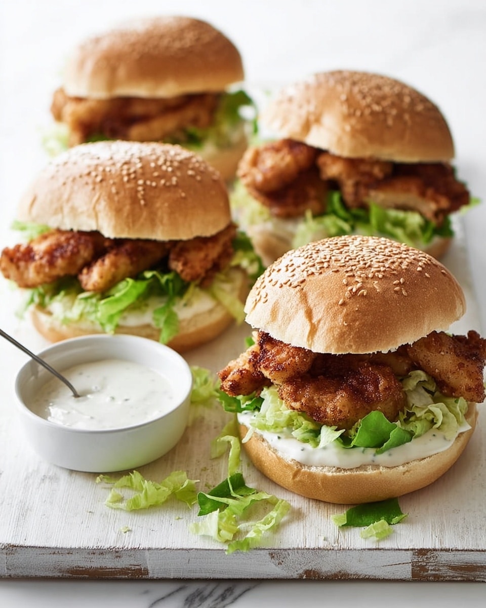 The image shows four chicken sandwiches arranged closely on a white wooden board with a chipped texture. Each sandwich has three layers: the bottom layer is a soft sesame seed bun with a pale beige color, the middle layer is green leaf lettuce with a fresh, crinkled texture, and the top layer is crispy brown fried chicken pieces that look crunchy and thick. The sandwiches are topped with matching sesame seed buns. Near the front left sandwich, there is a white bowl filled with creamy white sauce, a white spoon resting inside it. The background surface is a white marbled texture. Photo taken with an iphone --ar 4:5 --v 7