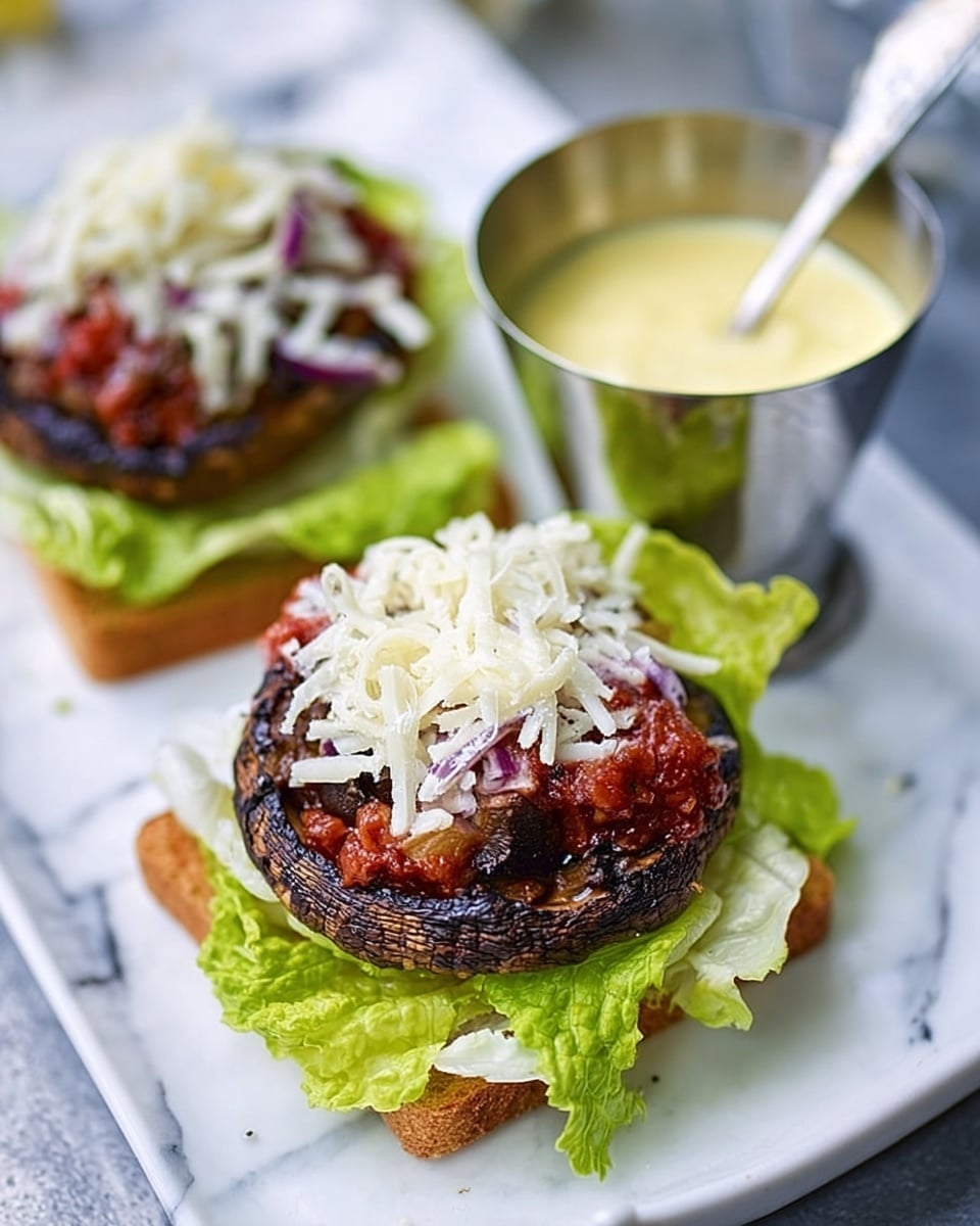 The image shows two open sandwich-style dishes placed on a rectangular white plate on a white marbled surface. Each dish has a charred mushroom cap at the top, filled with a mix of cooked vegetables or sauce that is deep reddish-brown in color. The mushroom and filling sit on a layer of fresh green lettuce. Below the lettuce, there is a toasted square piece of bread with a creamy white spread evenly spread on it. Behind the sandwiches, there is a small silver cup filled with a pale yellow sauce, with a silver spoon resting inside. The scene is softly lit, highlighting the textures and colors of the food. Photo taken with an iphone --ar 4:5 --v 7