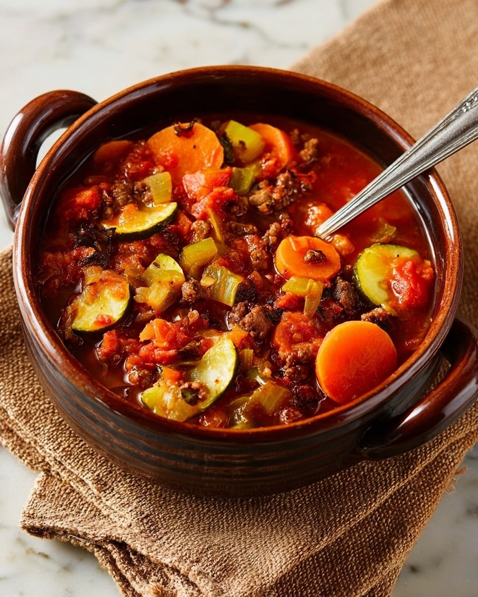 A rustic round brown ceramic bowl filled with a thick stew showing clear layers of orange carrot slices, yellow-green celery pieces, and dark brown lentils mixed with red tomato chunks, all sitting in a rich reddish-orange broth; a silver spoon rests inside the bowl, partially submerged among the ingredients. The bowl is placed on a textured beige cloth on a white marbled surface. Photo taken with an iphone --ar 4:5 --v 7