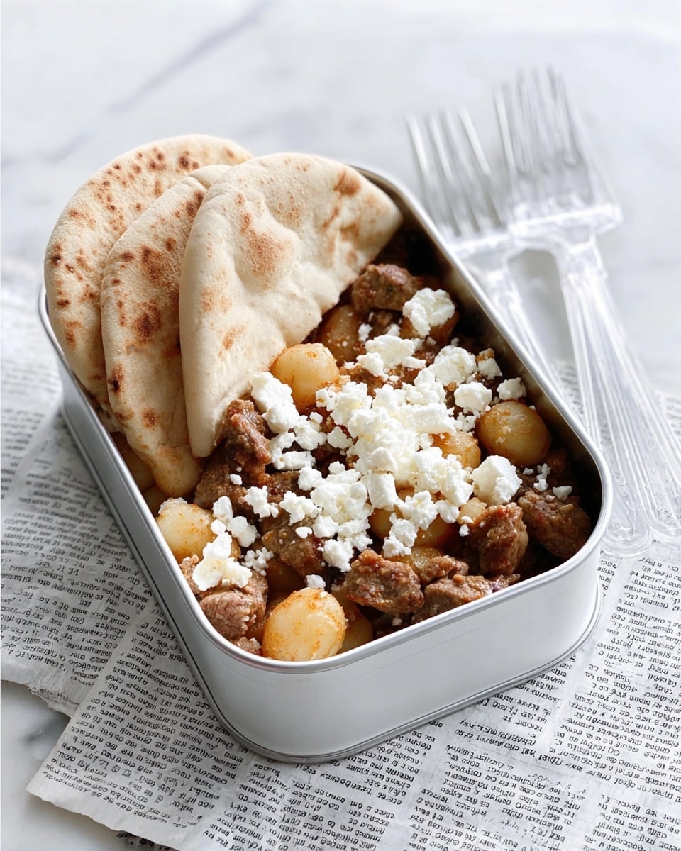 A metal lunchbox filled with a layered dish of brown chunks of cooked meat mixed with small, round, golden potatoes, topped with small white crumbles of cheese. A piece of light brown, soft pita bread is tucked in the back, standing upright inside the lunchbox. The lunchbox sits on a white marbled surface over some newspapers, next to three clear plastic forks. The texture of the food looks tender and slightly greasy, with a warm, hearty appearance. photo taken with an iphone --ar 4:5 --v 7