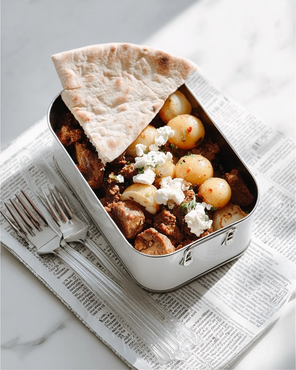 A shiny silver lunchbox holds a layered dish with three main parts: at the bottom are small round potatoes with a light brown skin, mixed with chunks of grilled meat that have a rich dark brown color and slightly crispy edges; sprinkled on top of the meat and potatoes are small dollops of white crumbly cheese, adding contrast; leaning inside the lunchbox is a large piece of flatbread with a soft, light beige color and slightly textured surface. The lunchbox sits on a white marbled surface with a folded newspaper underneath, and clear plastic forks are placed nearby. photo taken with an iphone --ar 4:5 --v 7
