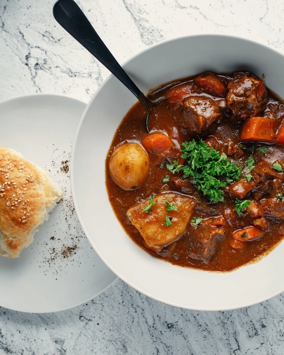 A white bowl holds a rich, dark brown stew with visible chunks of tender meat and vegetables. There are at least three main layers: the thick brown sauce forming the base with a glossy texture, large pieces of golden-brown potatoes and orange carrots scattered within, and a sprig of fresh green parsley placed neatly on top in the center. The bowl is set on a white marbled textured surface. A black spoon rests inside the bowl, partly submerged in the stew. Nearby, on a white plate, sits a piece of round bread with a light golden crust and sesame seeds, with a small bite taken out. photo taken with an iphone --ar 4:5 --v 7