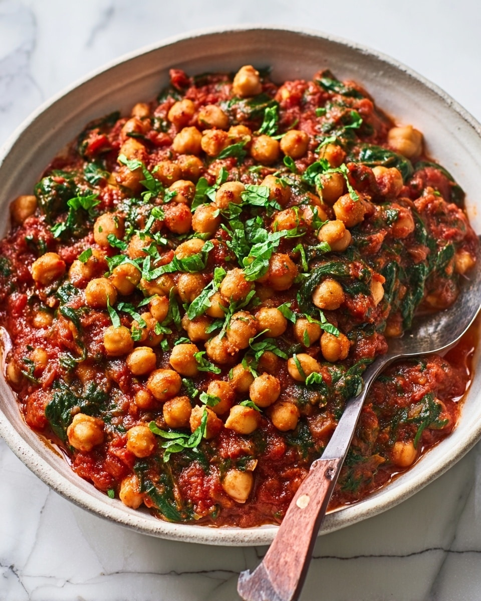 A white plate filled with a dish made of round, light golden chickpeas mixed with rich red tomato sauce, and bits of cooked green spinach scattered throughout. On top, fresh chopped bright green herbs add a fresh touch. There is a wooden spoon resting on the plate, immersed in the food. The plate is placed on a white marbled surface. photo taken with an iphone --ar 4:5 --v 7