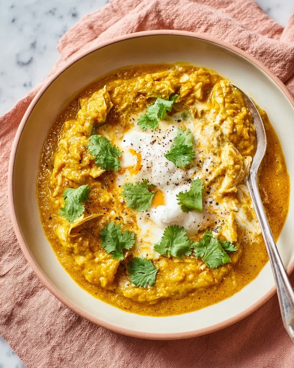 A white bowl holds a thick yellow lentil stew with a creamy texture, spread evenly in the bowl. On top, there is a dollop of white yogurt or cream placed in the center, slightly melting into the stew. Fresh green cilantro leaves are arranged neatly on the yogurt, adding a splash of green color. Black pepper is sprinkled lightly over the dish, creating small black dots on the surface. A silver fork is resting inside the bowl on the right edge, partially covered by the stew. The bowl is placed on a white marbled surface. Photo taken with an iphone --ar 4:5 --v 7