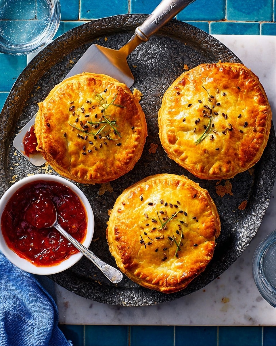 The image shows three golden-brown small pies with a shiny, slightly cracked top crust sprinkled with caraway seeds, arranged in a round black baking tray with a ridged edge. One pie is on a metal spatula, and crumbs are scattered around the tray. At the bottom center, there is a small white bowl filled with chunky red sauce or chutney with visible pieces of vegetables, and a spoon is inside the bowl. The tray is placed on a white marbled surface with a bright blue tile background and a blue cloth napkin folded on the top right. A green glass is partially visible at the bottom right corner. Photo taken with an iphone --ar 4:5 --v 7