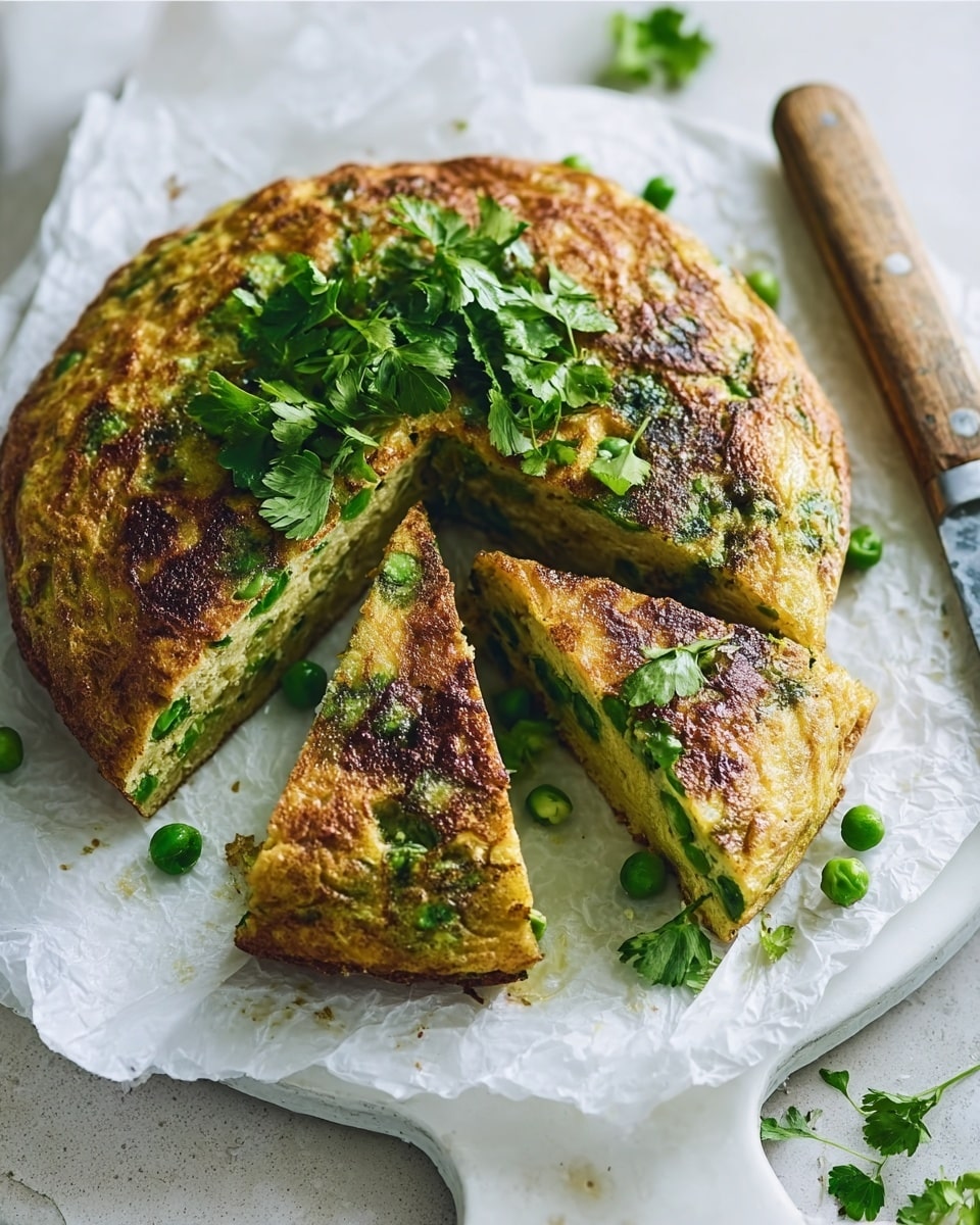 A round, thick omelette with a golden-brown crispy outside sits on white parchment paper atop a white plate. The omelette is cut into three wedge slices, showing a soft inside filled with green peas and herbs. Bright green leaves are scattered on top and around the omelette, adding freshness. A knife with a wooden handle lies next to the plate on a white marbled surface. The lighting is soft, making the texture of the omelette and fresh herbs clear. photo taken with an iphone --ar 4:5 --v 7