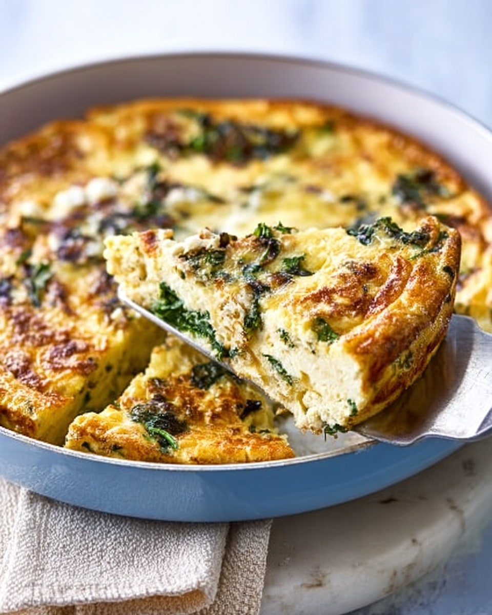 A round frittata with a golden brown top sits in a light blue pan on a white marbled surface with a folded light beige cloth underneath. The frittata has two visible layers: the bottom layer is a creamy, pale yellow egg base, mixed with green vegetable pieces like spinach and darker green herbs scattered throughout. The top layer is slightly browned with some bubbly and crisp textures, showing bits of cooked vegetables and melted cheese. A slice of the frittata is being lifted by a silver spatula, revealing a thick, soft inside filled with greens and egg. The background is softly blurred. photo taken with an iphone --ar 4:5 --v 7