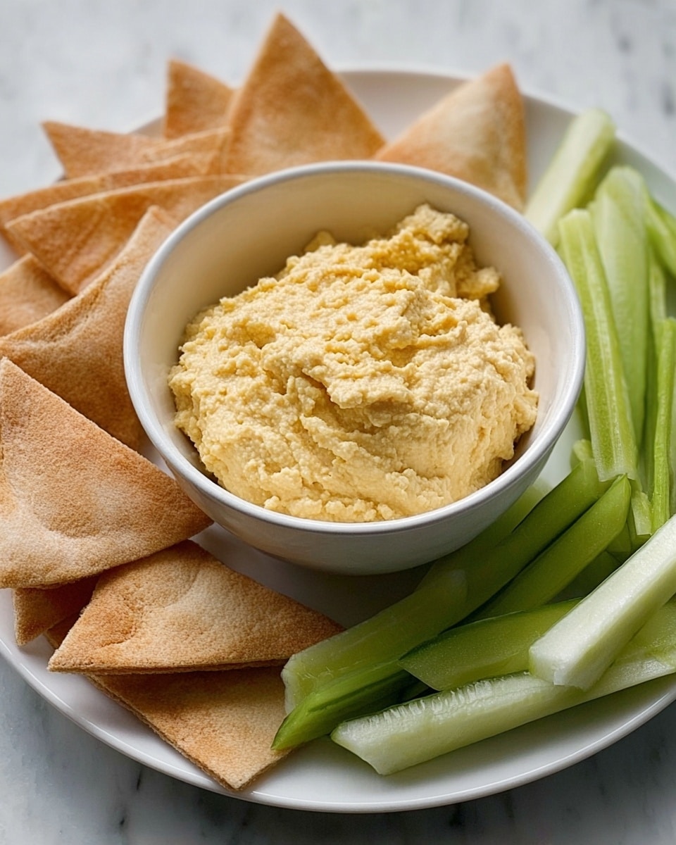 The image shows a white bowl filled with pale yellow hummus that has a slightly rough and creamy texture, sitting in the center of a white plate. Around the bowl, there are pieces of light brown pita chips with a crispy texture, spread unevenly. To the side of the chips, there are light green celery sticks and darker green cucumber sticks, both fresh and crunchy-looking. The plate is set on a white marbled surface. photo taken with an iphone --ar 4:5 --v 7