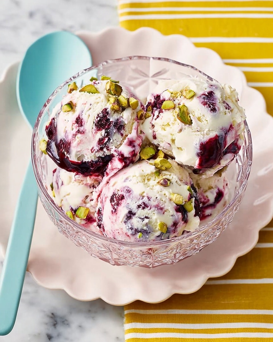 The image shows three scoops of ice cream served in a clear glass bowl placed on a white plate with a scalloped edge. The ice cream has a creamy white base with vibrant purple swirls and bits of green pistachio nuts mixed in, creating a textured and colorful contrast. The scoops appear rich and slightly melting, giving a smooth yet chunky look. A light blue spoon is resting on the edge of the white plate. The whole setup is on a white marbled surface with a yellow and white striped cloth partially visible in the background. photo taken with an iphone --ar 4:5 --v 7