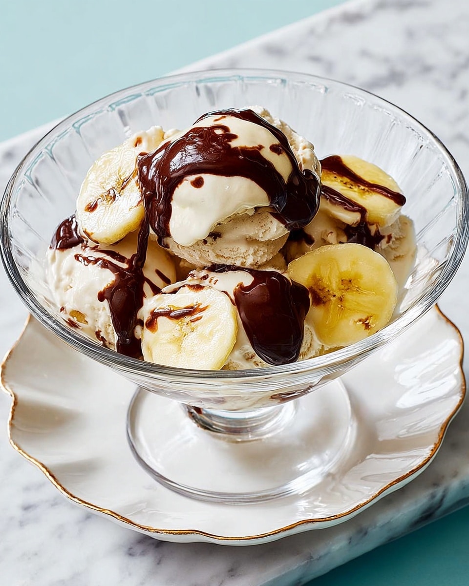The image shows a clear glass bowl filled with several scoops of light beige vanilla ice cream. On top of the ice cream, there are thick slices of pale yellow banana arranged in layers, partially covered with a rich, dark brown chocolate sauce drizzled unevenly. The bowl is set on a white plate with a scalloped edge, and the whole setup rests on a white marbled surface with a faint green area in the background. The lighting highlights the creamy texture of the ice cream and the glossy shine of the chocolate sauce. photo taken with an iphone --ar 4:5 --v 7