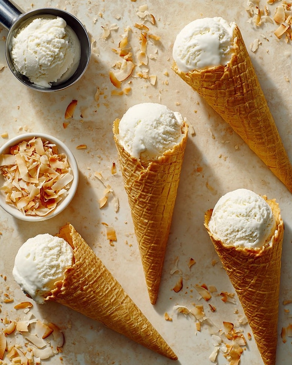 The image shows five waffle cones filled with smooth, white ice cream, each cone having a textured light brown pattern and placed on a flat surface. Four cones are arranged in a scattered way with the ice cream facing up, while a metal ice cream scoop holding a round ball of the same white ice cream is positioned near the top. Near the bottom right, a white bowl is filled with light brown toasted coconut flakes, with some flakes scattered around it. The background has a white marbled texture. photo taken with an iphone --ar 4:5 --v 7