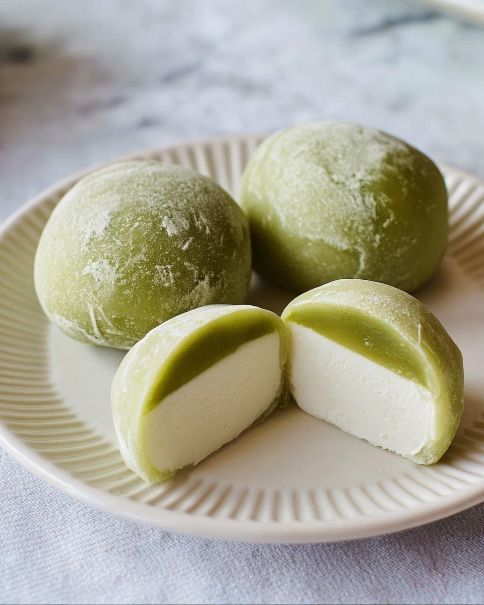 The image shows three round mochi on a white plate with ridged edges, placed on a white marbled surface. Two mochi are whole with a smooth, green outer layer that looks soft and slightly frosted. The third mochi is cut in half, revealing two layers inside: a thick, creamy white filling on top and a thin green layer on the bottom, both smooth in texture. The overall look is simple and clean, with soft lighting. photo taken with an iphone --ar 4:5 --v 7