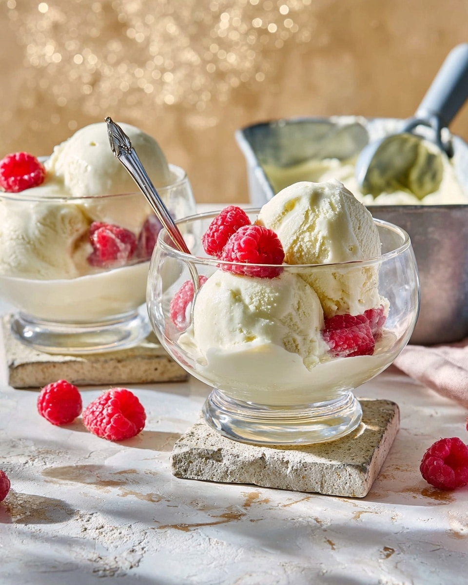 The image shows two clear glass dessert cups each filled with creamy white ice cream scoops and decorated with bright red raspberries around the sides and on top. One cup has a spoon sticking out from the top scoop. Both cups sit on beige stone square coasters placed on a white marbled texture surface, with one red raspberry lying near the front coaster. In the background to the right, there is a metal container filled with more white ice cream. The bright natural light enhances the creamy textures and vibrant colors. photo taken with an iphone --ar 4:5 --v 7
