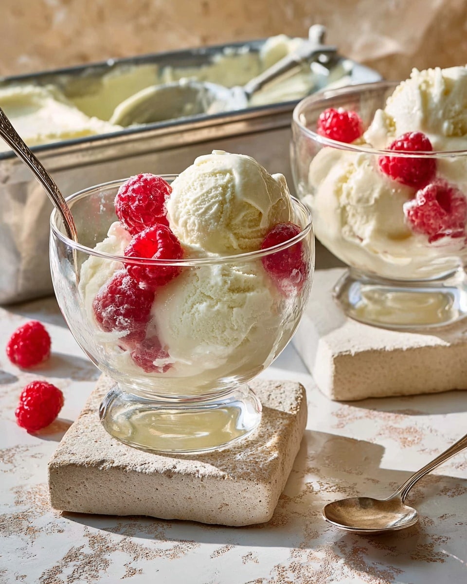 The image shows two clear glass dessert cups filled with two scoops of creamy white ice cream each, garnished with several bright red raspberries placed around and on top of the scoops. One cup in the front has a metal spoon standing upright in the ice cream. These cups are set on rough, light beige stone coasters, all placed on a white marbled surface. Behind them is a metal container filled with more white ice cream, and a silver spoon with some ice cream on it lies next to the container. The background is softly lit with a textured wall in warm tones. Photo taken with an iphone --ar 4:5 --v 7