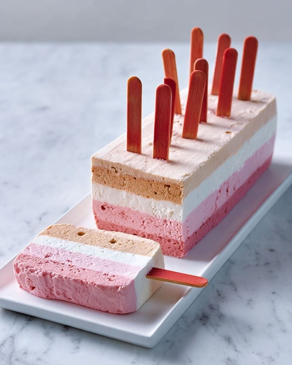The image shows a layered frozen dessert on a long white rectangular plate, placed on a white marbled surface. The dessert has three layers: the bottom layer is bright pink with a smooth texture, the middle layer is white and creamy, and the top layer is a light brown with a slightly rough texture. Seven wooden sticks in shades of red and orange are evenly placed vertically in the top layer of the larger block, and two smaller slices each have a single wooden stick sticking out horizontally from the left side. Photo taken with an iphone --ar 4:5 --v 7