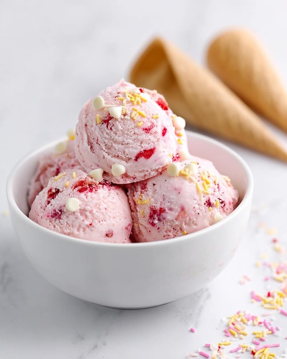 A white bowl filled with three scoops of pink and white ice cream, each scoop decorated with colorful sprinkles in yellow, pink, and purple, along with small white chocolate chips scattered on top. Next to the bowl on a white marbled surface, two empty waffle cones lie flat, adding a light beige color and textured pattern in the background. The scene is bright and clean, showing a simple, fresh dessert. photo taken with an iphone --ar 4:5 --v 7