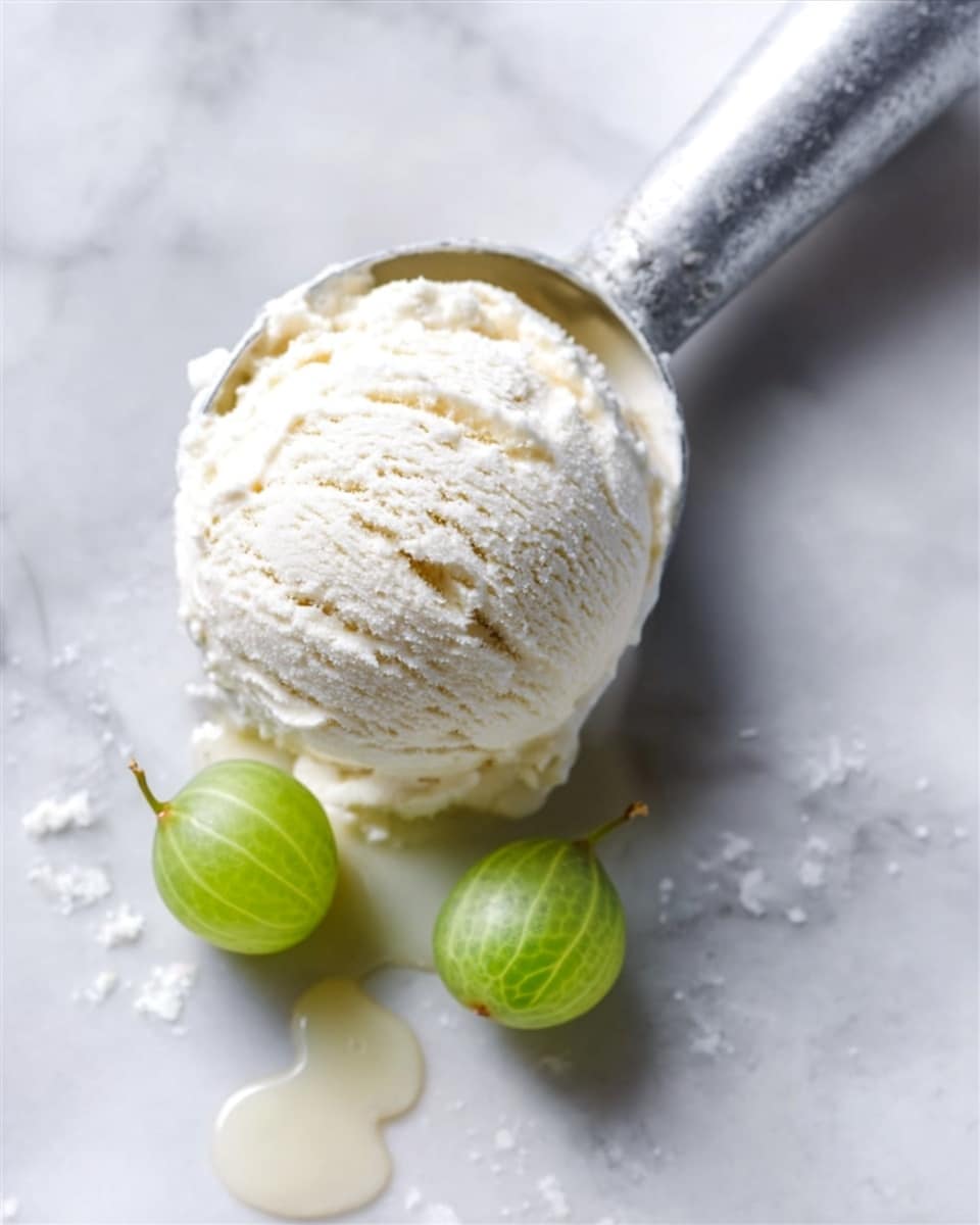 A close-up of a single scoop of creamy, pale yellow ice cream in a shiny silver scoop, with a smooth and slightly rough texture on the surface. The scoop rests on a white marbled background with a small pool of melted ice cream spreading around it. Next to the scoop are two light green gooseberries with small brown stems, adding a fresh contrast to the scene. The light is soft and natural, highlighting the smoothness and coldness of the ice cream. photo taken with an iphone --ar 4:5 --v 7