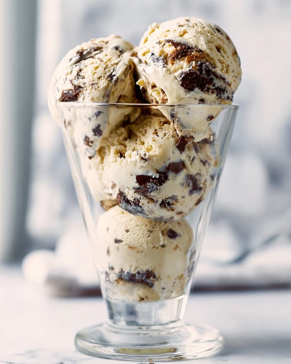 The image shows a tall clear glass filled with four scoops of creamy cookie dough ice cream. Each scoop is pale beige with dark brown chunks and swirls mixed throughout, giving it a textured look. The scoops are stacked neatly on top of one another inside the glass, which sits on a white marbled surface. The background is bright and softly blurred, focusing attention on the ice cream. Photo taken with an iphone --ar 4:5 --v 7