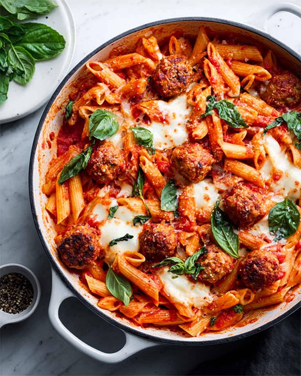 A black pan filled with a dish that has three main layers: the first layer is penne pasta covered in a thick red tomato sauce, scattered evenly throughout; the second layer shows browned meatballs sitting on top of the pasta; the third layer consists of small melted white cheese patches and fresh green basil leaves placed on the pasta and meatballs. The pan is on a white marbled surface with a white plate holding extra basil leaves and a small bowl of black pepper nearby. Photo taken with an iphone --ar 4:5 --v 7