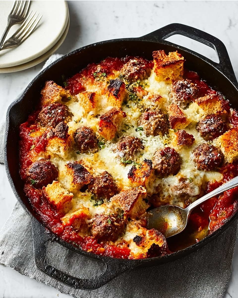 The image shows a black cast iron skillet filled with a baked dish sitting on a white marbled surface covered with a grey cloth. The dish has multiple layers: the bottom layer is red tomato sauce, topped with browned meatballs that have a slightly crispy texture. Scattered across the top are chunks of golden toasted bread, and melted white cheese, which is bubbly and browned in spots. A large silver spoon rests inside the skillet, partially submerged in the dish, with its handle extending out. To the right of the skillet, there is a white plate with a silver fork on top. The whole scene has a warm, comforting look. photo taken with an iphone --ar 4:5 --v 7