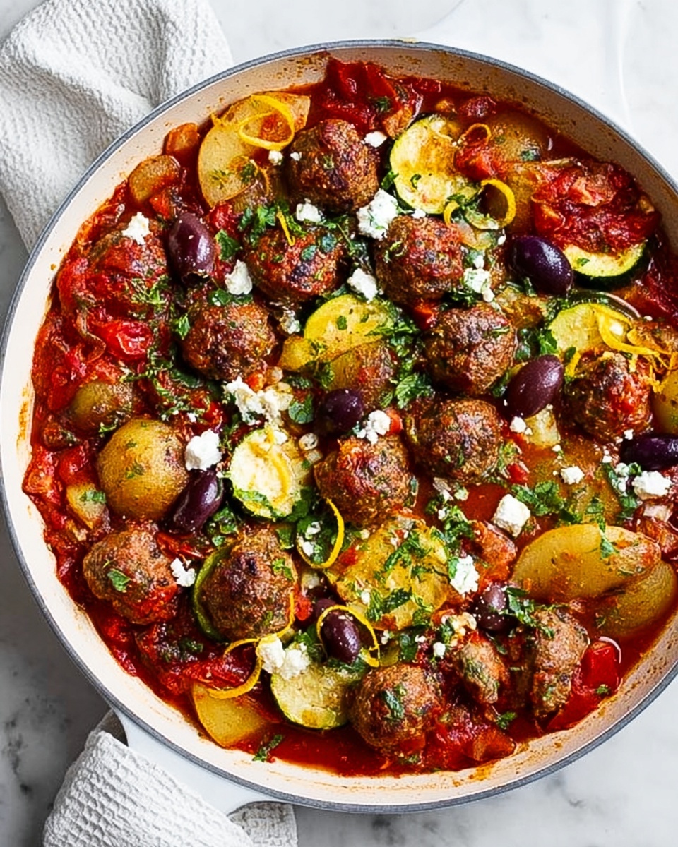 A white pan filled with a rich red tomato sauce base, topped with browned meatballs spread evenly throughout. Slices of golden potato and orange carrots add texture around the meatballs, mixed with dark purple olives. Crumbled white cheese and thin green herb strips are sprinkled on top, along with small yellow lemon zest curls. The pan rests on a white marbled surface with a pale gray cloth partly visible nearby. Photo taken with an iphone --ar 4:5 --v 7