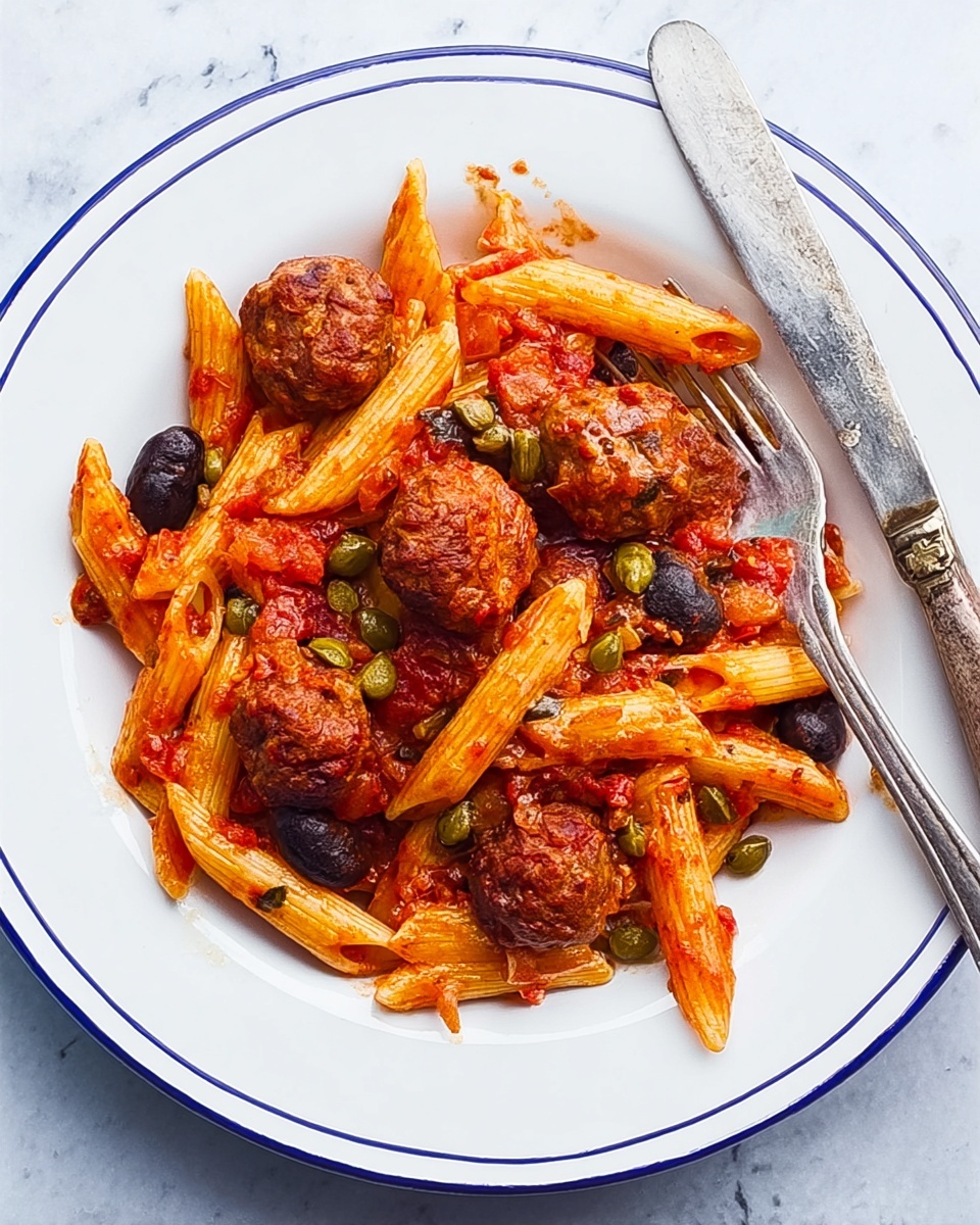 A white plate with a blue edge holds a serving of penne pasta mixed with a chunky red tomato sauce. On top and within the pasta are several browned meatballs, small dark olives, and green capers scattered around. The sauce looks thick and coats the pasta well. On the right side of the plate lie a fork and a knife with a simple design. The plate sits on a white marbled surface. Photo taken with an iphone --ar 4:5 --v 7