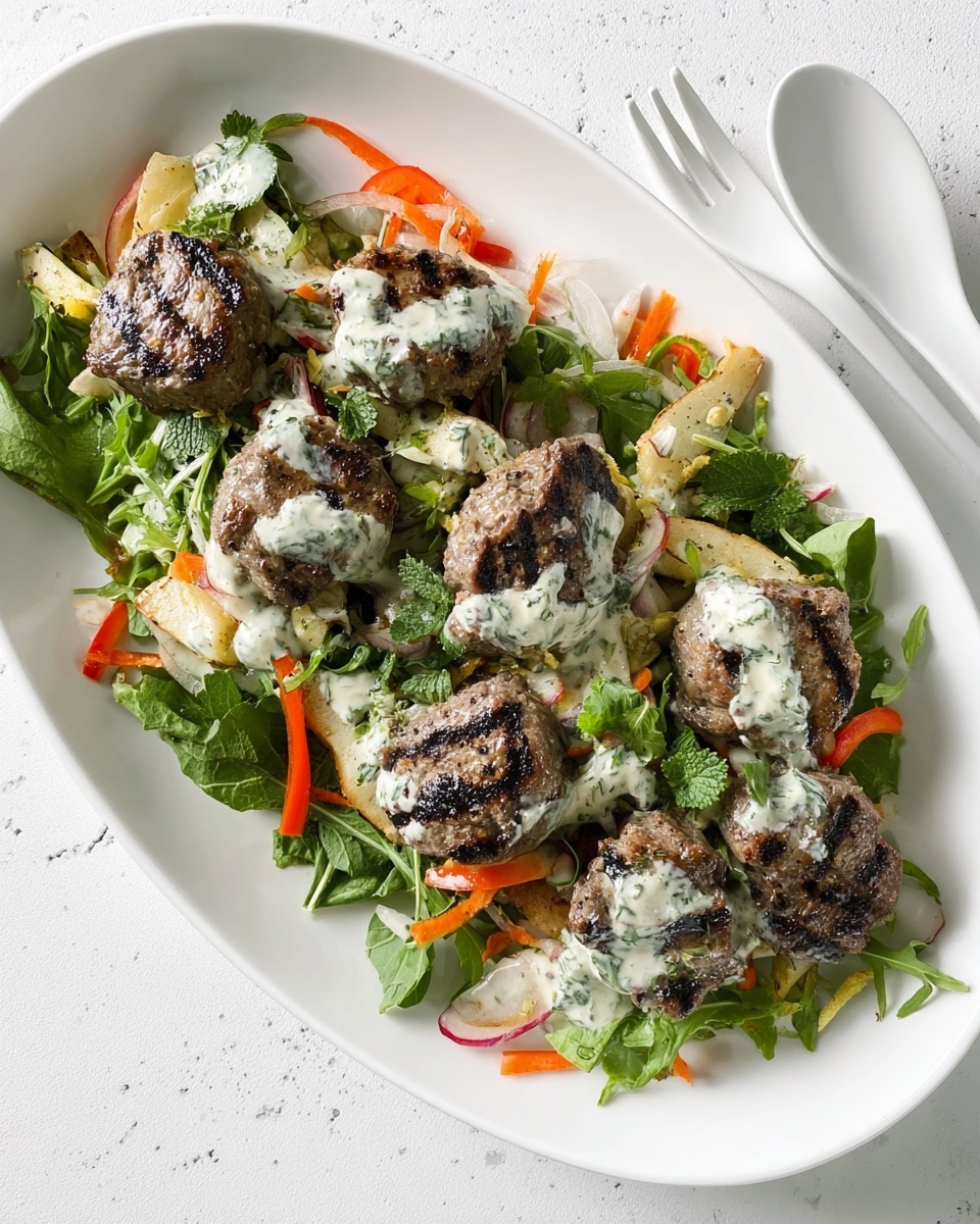 The image shows a white oval plate on a white marbled surface, filled with a fresh salad and grilled meat. The base layer includes fresh green leaves and small orange carrot slices spread evenly. On top, there are six round pieces of grilled meat with dark grill marks, each topped with a pale, creamy sauce. The dish has a mix of textures with tender meat, crisp vegetables, and a smooth sauce. To the side of the plate, there is a white serving spoon with a smooth texture. The overall color palette is green, orange, brown, and white. Photo taken with an iphone --ar 4:5 --v 7