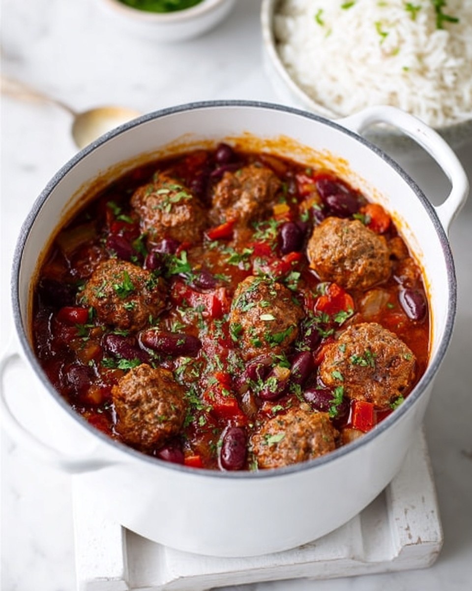 A white pot filled with a thick stew that has several layers visible: at the top, round brown meatballs mixed with dark red kidney beans and small chopped green herbs, beneath them a rich mix of red tomatoes and translucent cooked onions creating a juicy base, all floating in a warm reddish-brown sauce. The pot is placed on a light wooden surface, and part of a white bowl with white rice is slightly visible in the background. The scene is set on a white marbled texture. photo taken with an iphone --ar 4:5 --v 7