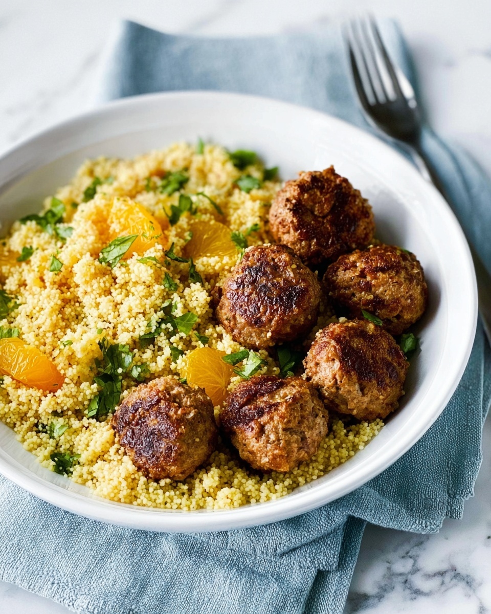 A white bowl holds five browned meatballs arranged on one side, each with a slightly rough, cooked texture. On the other side is a mound of yellow couscous mixed with green herbs and chunks of orange pieces, giving it a fresh look. The bowl is placed on a light blue cloth napkin, resting on a white marbled surface. A silver spoon sits to the right of the bowl. photo taken with an iphone --ar 4:5 --v 7